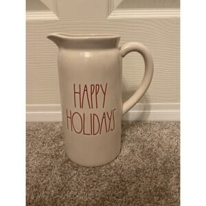 Rae Dunn Red & White Ceramic "Happy Holidays" Christmas Pitcher